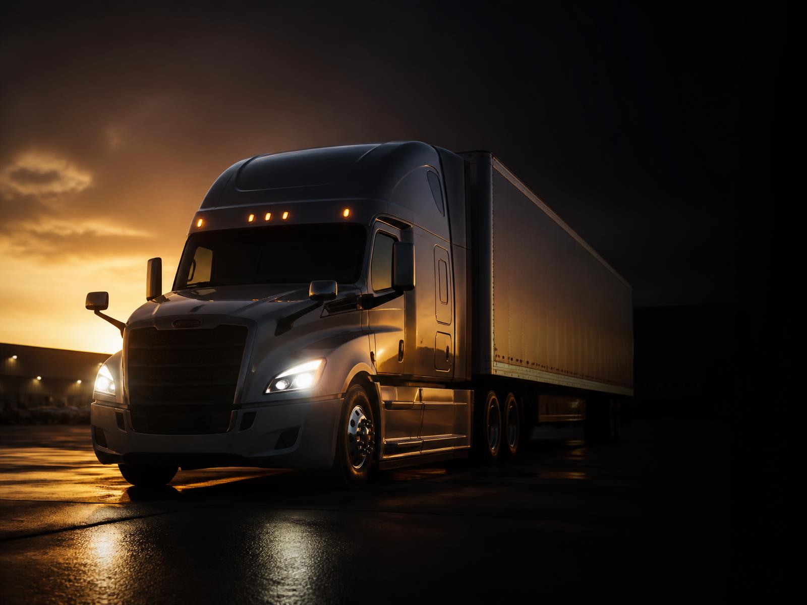 Semi-truck with a dry van trailer at a logistics yard at dusk, representing a trucking business getting on the road